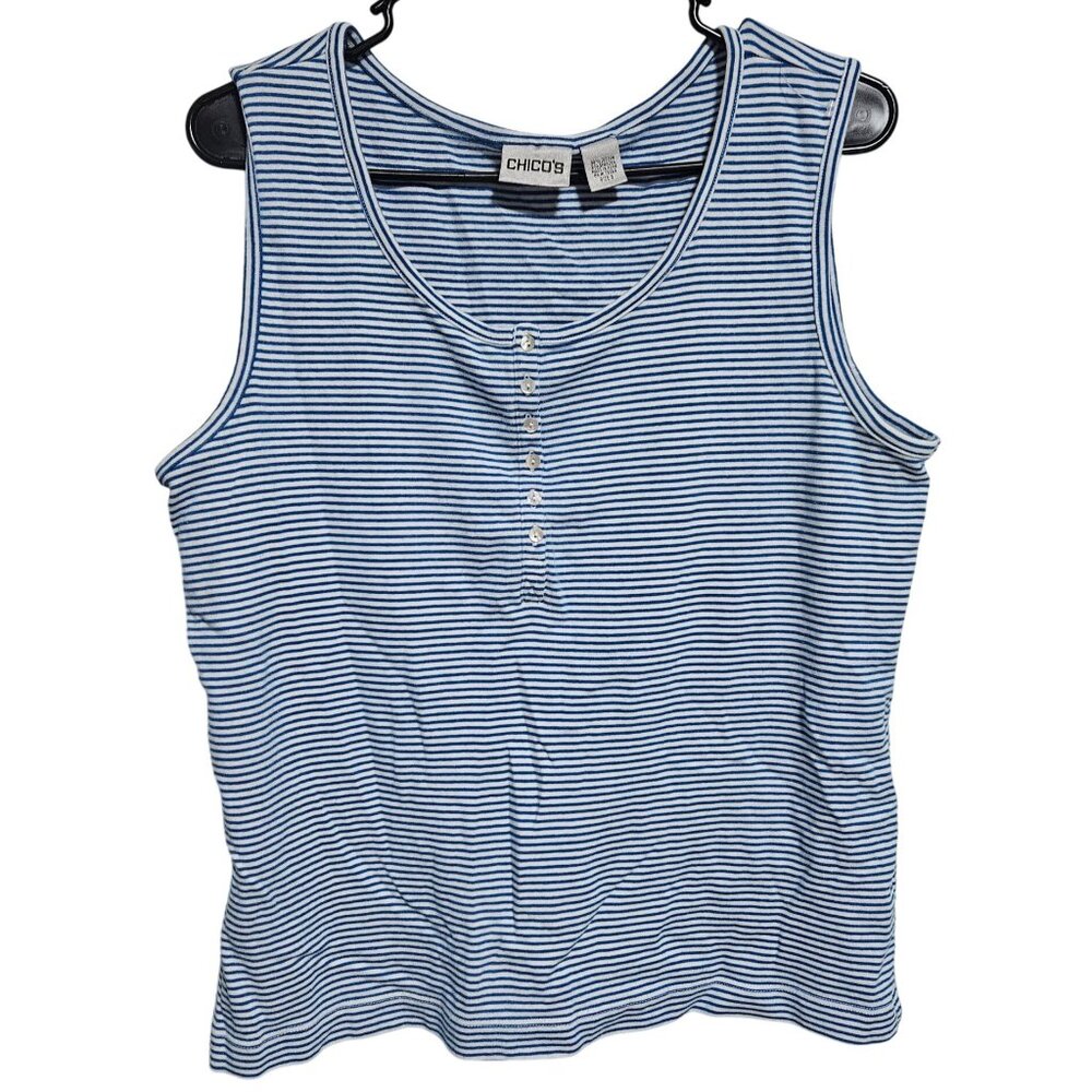 Chicos Striped Sleeveless Tank Top Womens Size 16 Blue White Nautical Top